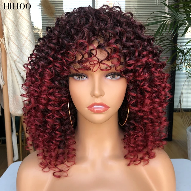 Afro Kinky Curly Wig With Bangs Short Synthetic Wigs For Black Women Omber Brown Blonde Glueless Cosplay Hair High Temperature 1B-39A