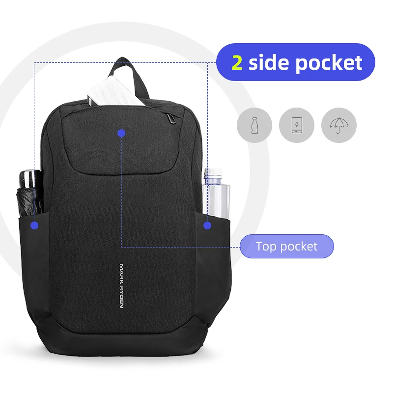Mark Ryden 2021 New USB Free Charging Men Backpack 15.6 Inch Laptop Bag Two Side Pocket Water Resistant Men Backpack