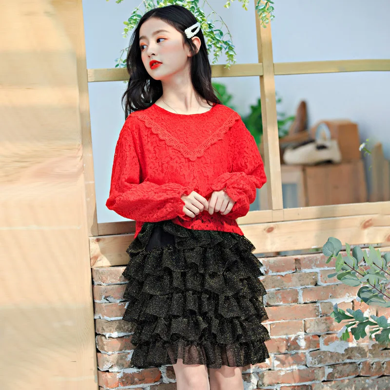 

Princess Birthday Party Dress for Teen Girl Long Sleeve Red Black Patchwork Lace Dresses