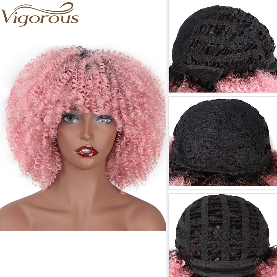 Vigorous Synthetic Wigs Short Afro Kinky Curly Ombre Pink Hair for Black Women 10Inches Wigs Natural Purple Heat Resistant Hair