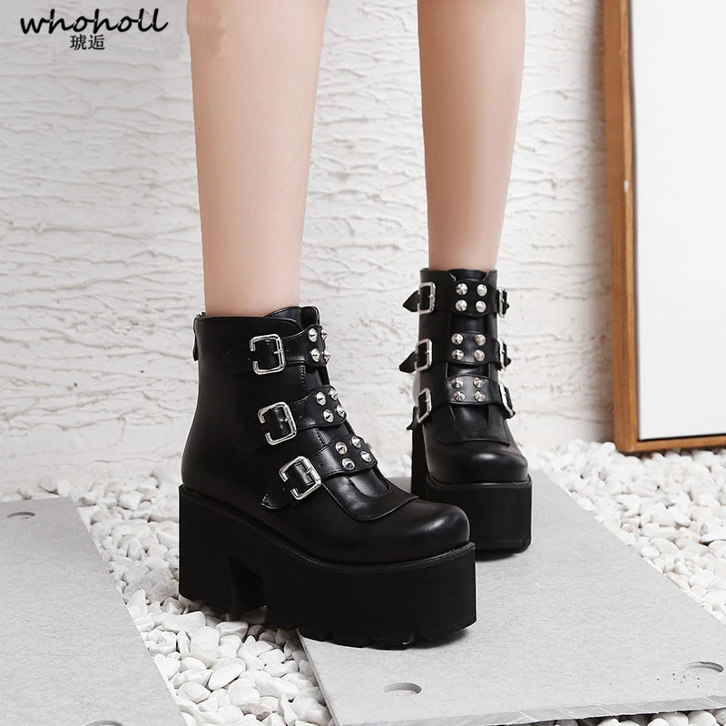 

2019 Combat Boots For Women Platforms Block High Heel Punk Shoes Gothic Rivet Buckle Ankle Military Boots Big Size 34-45
