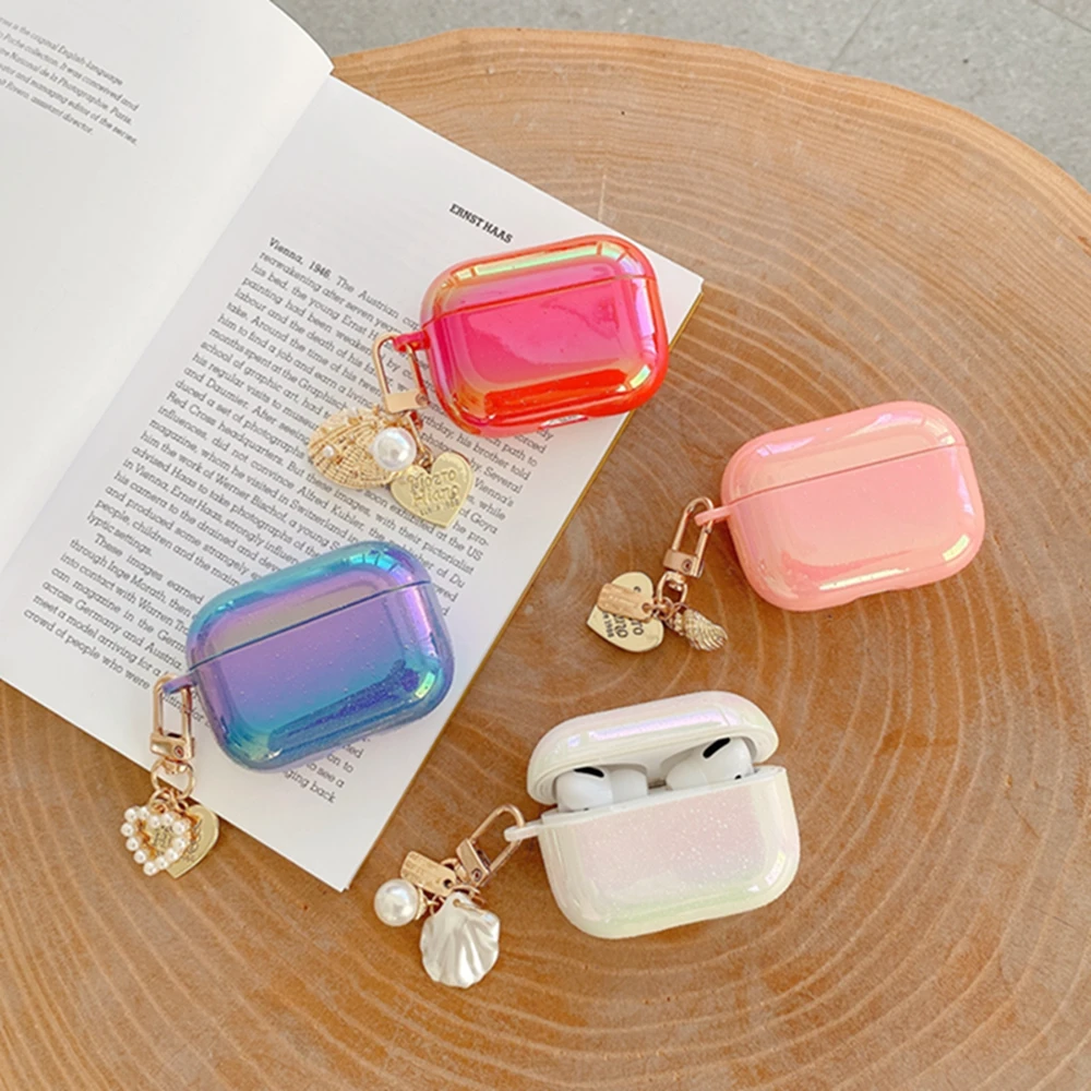 

For Apple Airpods 1 2 3 Pro Wireless Headset Cover 3D Love Pearl Shell Keychain Water Drop Rainbow Hard Headphone Earphone Case