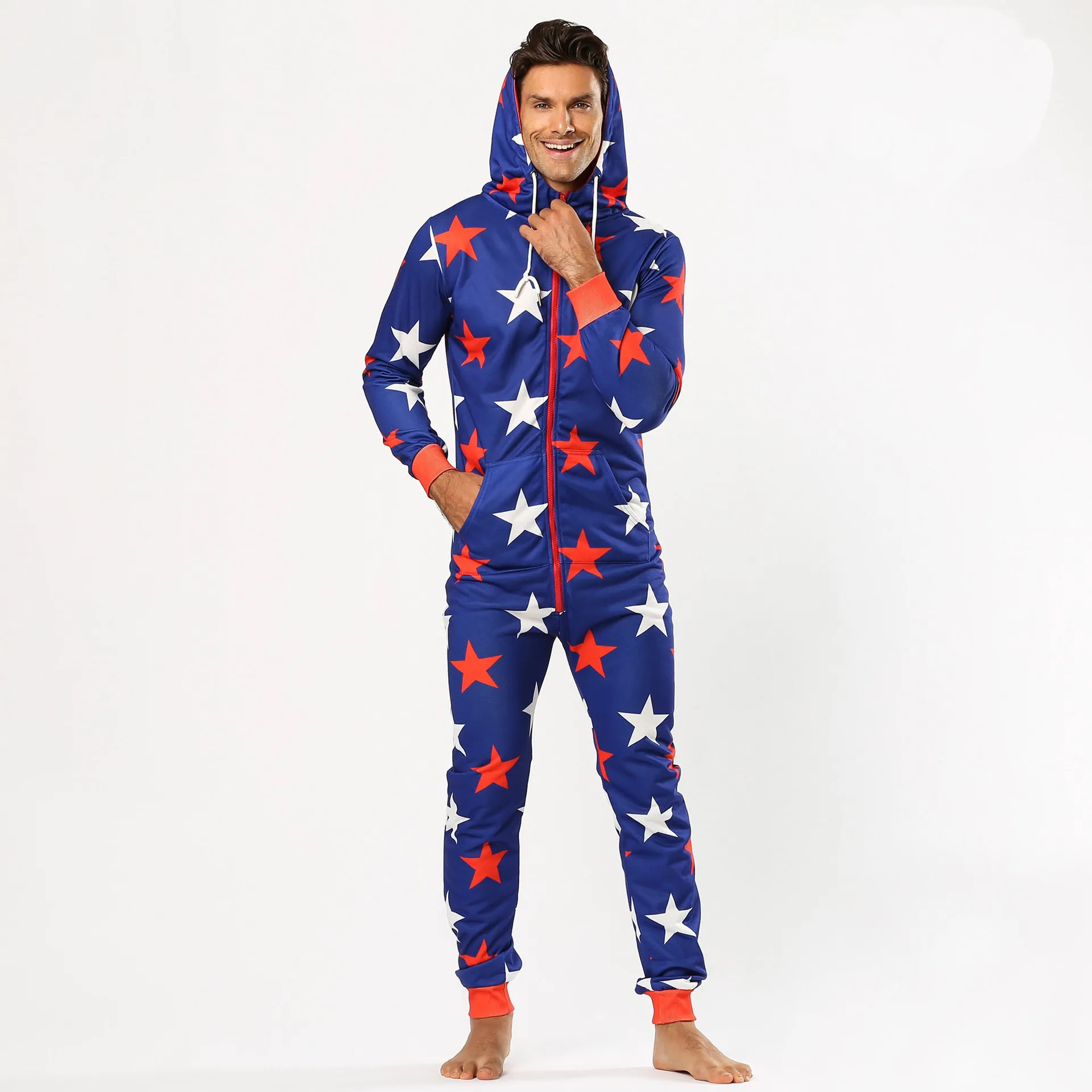 Men Warm Onesie Five pointed Star Print Sleep Lounge Adult Sleepwear One Piece Pyjamas Male Jumpsuits Hooded Onesies
