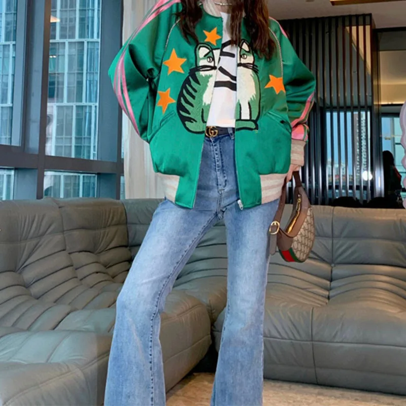 2021 Winter Luxury Cat Embroidery Green Jackets for Women Ruwnay Brand Long Sleeve Zippers