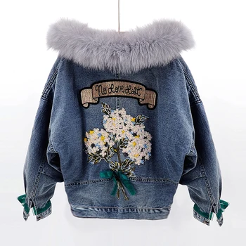 

2019 winter new women embroidery flower detachable real fur collar denim cotton padded women plus velvet cotton jacket 2091