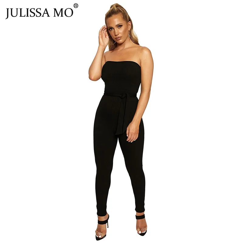 JULISSA MO хлопковый трикотажный сексуальный Облегающий комбинезон для женщин без бретелек с открытой спиной комбинезоны модные кружевные длинные штаны комбинезоны