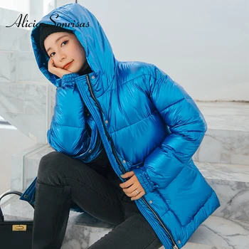 

Winter Jacket Women Short Glossy Down Cotton Padded Parka Hooded Big Size Loose With Belt Warm Thick Parkas Female Winter Coat