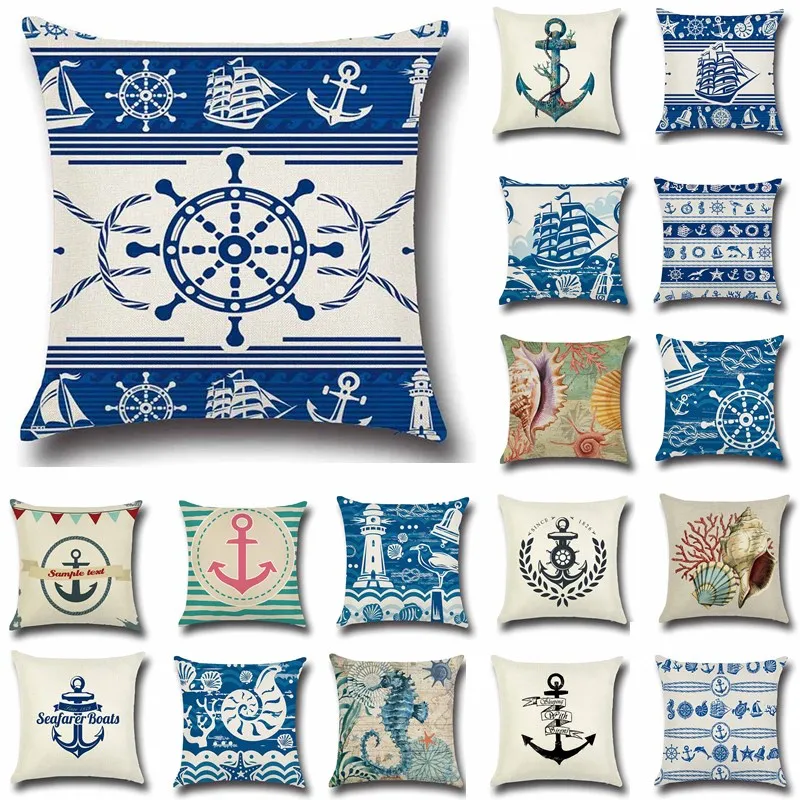 

1Pcs Anchor Boat Sea Series Nautical Blue Cotton Linen Throw Pillow Cushion Cover Home Decoration Sofa Decor Pillowcase 40212