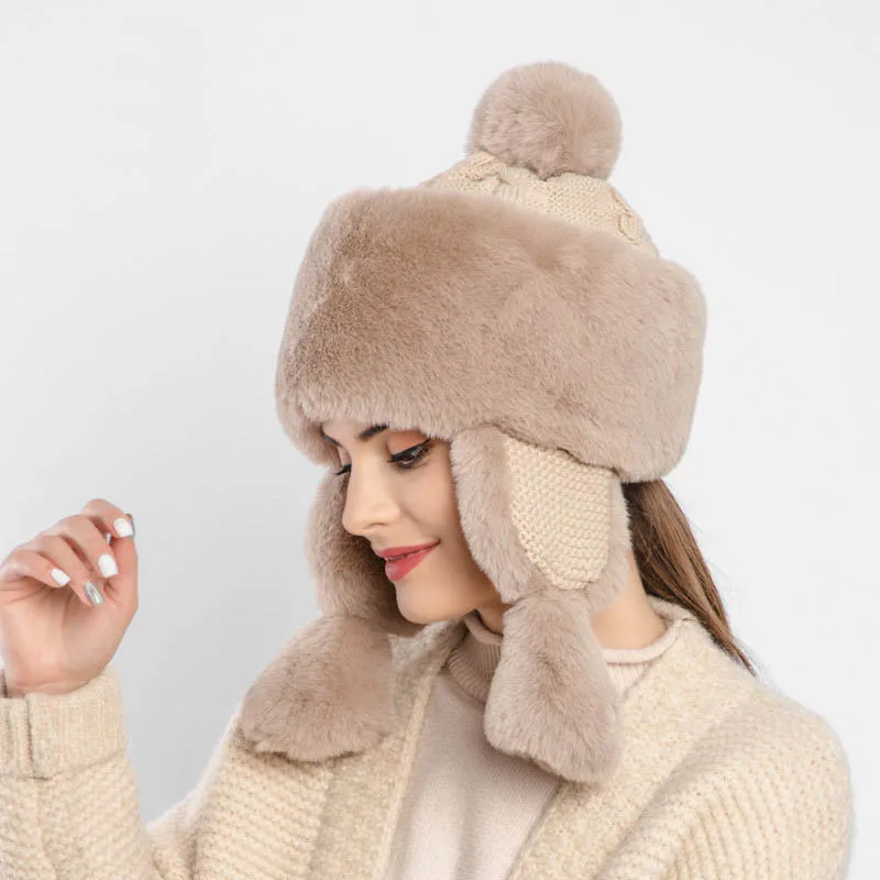 Fibonacci New Women's Bomber Hat Knit Plush Faux Fur Hats Winter Windproof Warm Ear Protect Bomber Russian Ushanka Cap - Цвет: Khaki