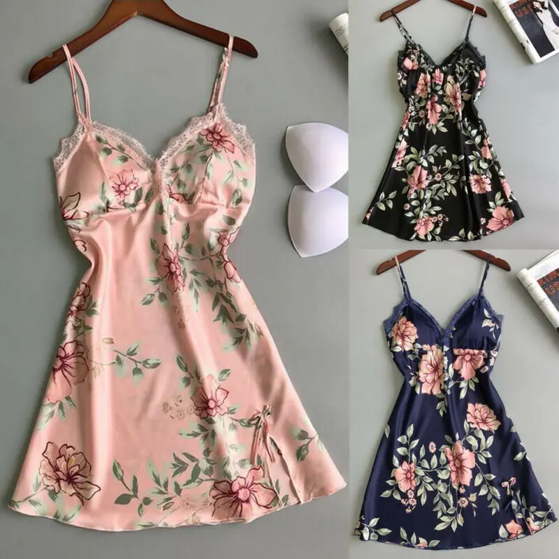 Sexy Style Fashion Lace Sling Floral Print Satin Look Deep V-Neck Backless Sleepshirts for Ladies Women's Nightwear Plus Size | Женская