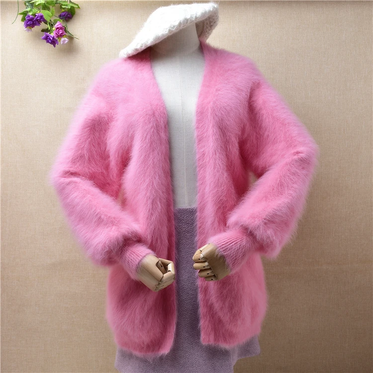 

ladies women fashion sweet pink hairy mink cashmere knitted long lantern sleeves loose cardigans angora fur jacket coat sweater
