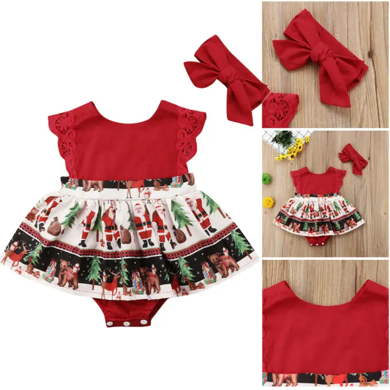 

Christmas Newborn Baby Girls Clothing Red Santa Ruffles Cute Sleeveless Party Romper Headbands Cotton Clothes Girl 0-24M
