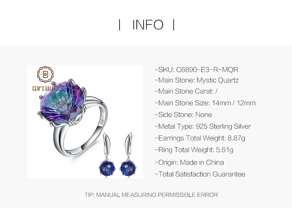 GEM'S балетные 925 пробы серебро натуральный Радуга Мистический кварцевый камень кольцо серьги набор украшений для женщин Свадебные украшения