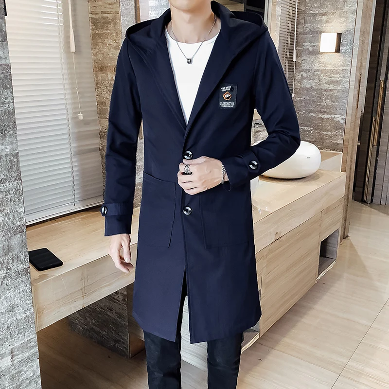  Men's coat long spring and autumn windbreaker men's new hooded jacket brand clothing men's slim cas