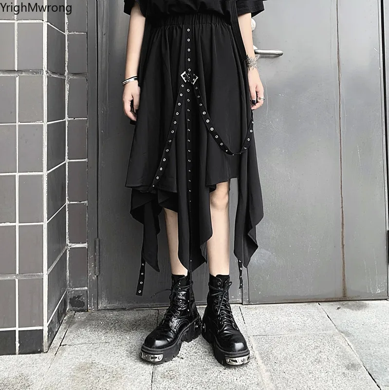 Сексуальная эластичная высокая Талия Панк Пряжка пояс лента Harajuku черная Асимметричная юбка в готическом стиле женская хип хоп Корейская миди длинная уличная
