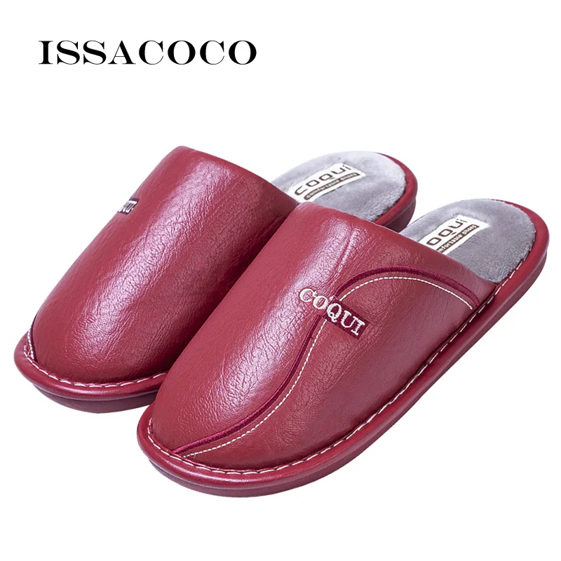 ISSACOCO/женские тапочки; Домашние кожаные зимние водонепроницаемые теплые домашние тапочки; женские домашние тапочки; Terlik - Цвет: Red