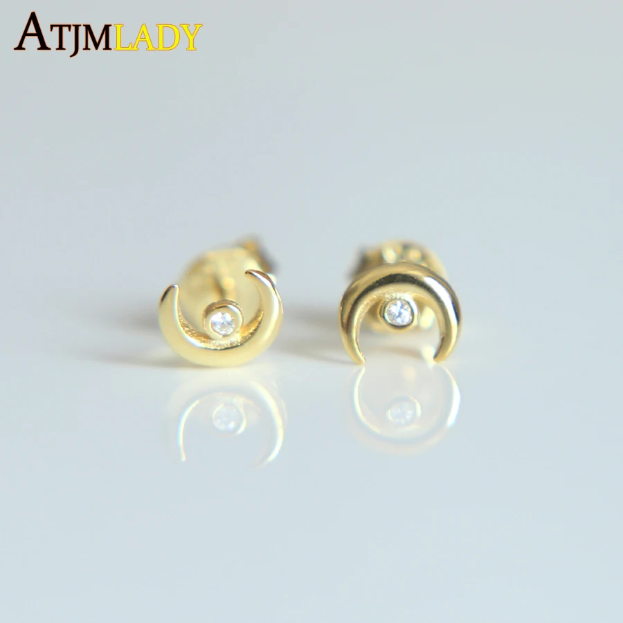 Женские серьги гвоздики в виде Луны из серебра 100% пробы|moon stud|moon earringscute jewelry |