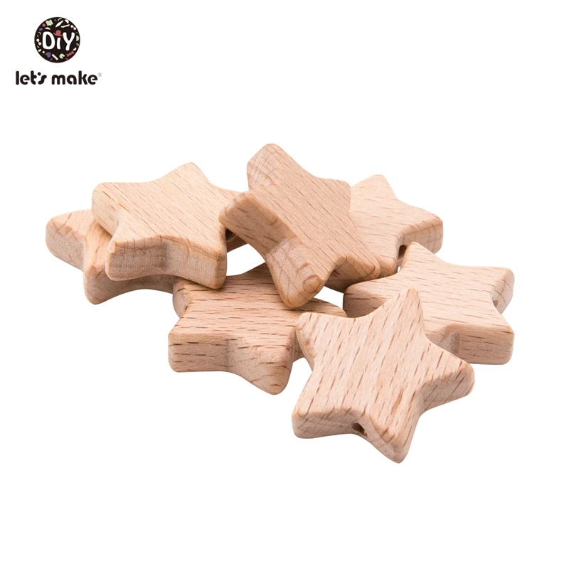 Let's Make Wood Beads 10Pcs Cartoon Star Shape Beech Wood Teething Bead Bpa Free Wooden Teether Baby Teether For Teeth Tiny Rod