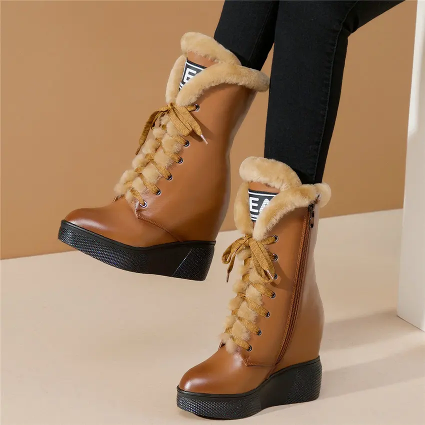 Winter Warm Sneakers Women Cow Leather Wedges High Heel Military Boots Rabbit Fur Platform Pumps Pointed Toe High Top Trainers