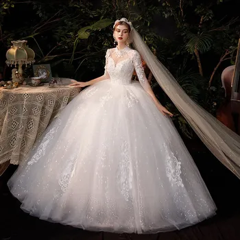 فستان زفاف برقبة عالية 2023 فاخر ثلاثة أرباع كم بأربطة حتى الكرة ثوب Vestido De Noiva مقاس كبير 4