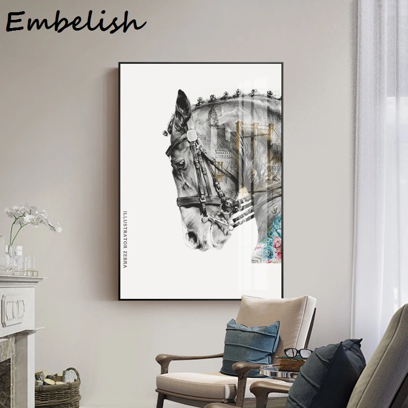 1 Pieces Creative Animals Horse Head Black White Wall Posters For Living Room Home Decor HD Print Canvas Paintings Oil Pictures | Дом и сад