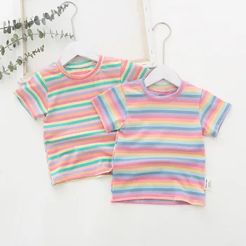 

2020 Children's Clothing Summer New Rainbow Stripes Girl Children's T-shirt Korean Children's Short-sleeved Baby Shirt