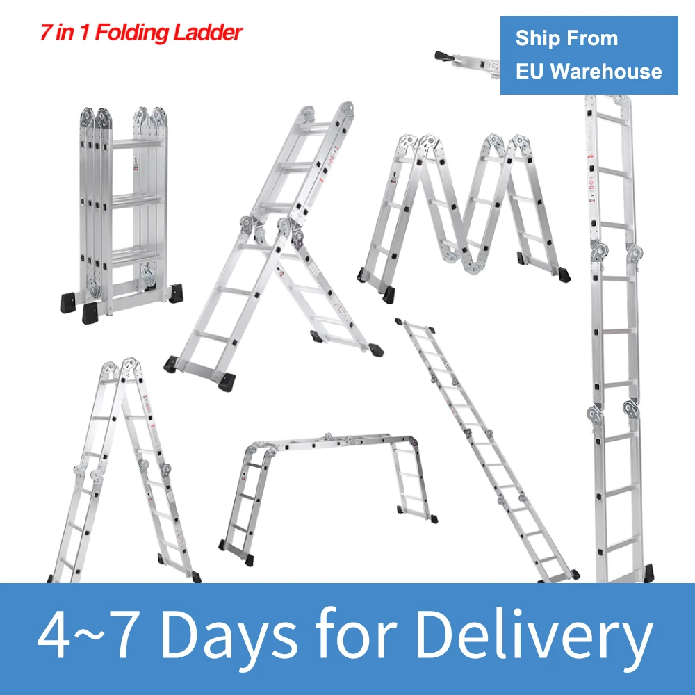 7 in 1 Multi Purpose Step Ladder Aluminum Folding Telescoping Ladder Work Platform Scaffold With Locking Hinge