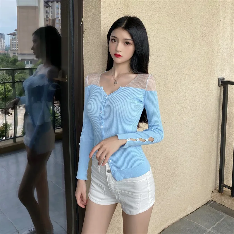 

Early Autumn New Style Fashion Long Sleeve V-neck Gauze Joint Elasticity Slimming Airable Shirt Base Shirt Thin Long Sleeve Shir
