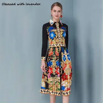 

New fashions, prints, flower patterns, high waist pleated dresses, knee-length dresses, spring and autumn dresses