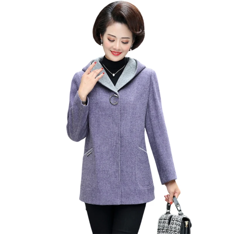 Plus size Middle-aged women Woolen coat New Autumn Winter Jacket Coats Noble Womens Wool coats Loose Hooded Overcoats 5XL F1124