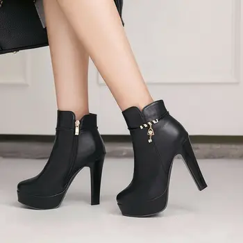 

New Fashion Ladies High Block Heels Ankle Boots Side-Zip Metal Decor Platform