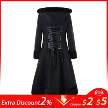 Готическое Женское пальто с капюшоном, из искусственного меха, теплая верхняя одежда, на шнуровке, длинное черное двубортное пальто размера плюс, зимнее шерстяное длинное пальто для женщин