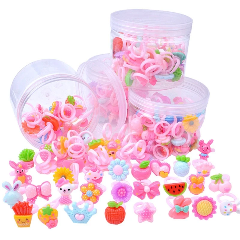 

1 Box 50PCS Adjustable Cartoon Rings For Girls Dress Up Accessories Party Kids Toy Cute Kids Girl Gift