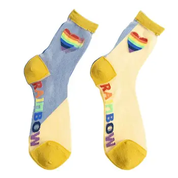 

Women Sheer Glass Fiber Crew Socks Rainbow Stripes Heart Jacquard Tube Hosiery