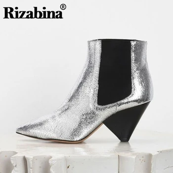 

RIZABINA Ankle Boots For Women Real Leather Winter Fashion Shoes Women Sexy Pointed Toe Casual Cowboy High Heel Boots Size 33-43