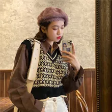 Женский свитер осенний корейский стиль винтажный геометрический клетчатый жилет без рукавов вязаный пуловер Топ подарок Горячая Распродажа