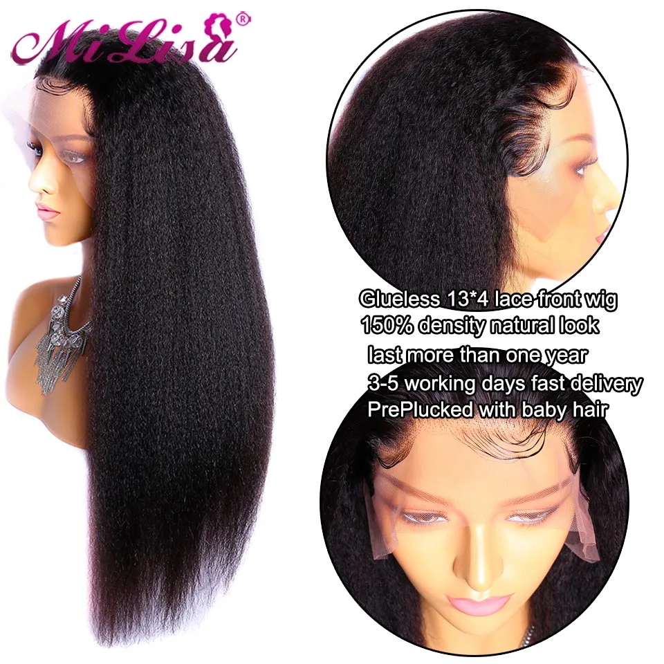 Mi Lisa crépus perruque droite sans colle dentelle avant perruques de cheveux humains pour les femmes noires pré plumé Fronte b|Парик из
