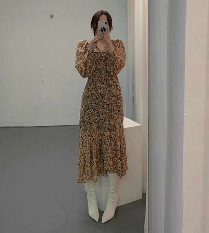 

Women Dress 2020 Spring Summer Korean Fashion Vintage Floral Print Chiffon Midi Dress Ladies Elegant Dresses Clothes