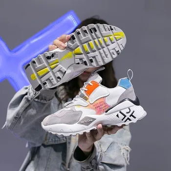 

New INS Fashion Mixed-color Sneakers Women 2021 Spring Sweet Girl Pink Dad Leather Shoes Woman Flat Platform Shoes