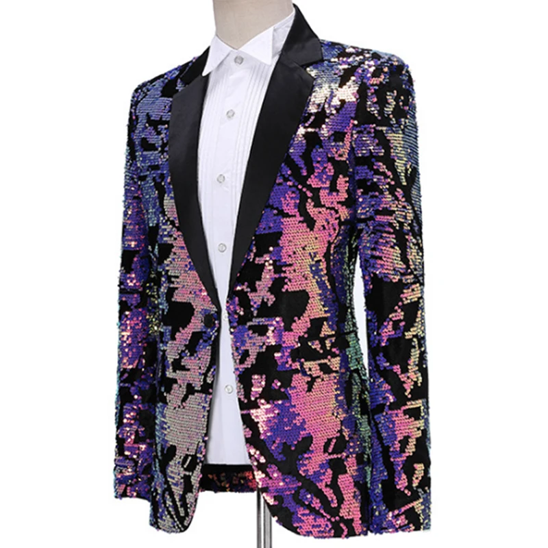 New Man Fashion Bling Shing Sequins Full Sleeve Slim Casual Performance Wedding Blazer Party Patchwork Coat xz057