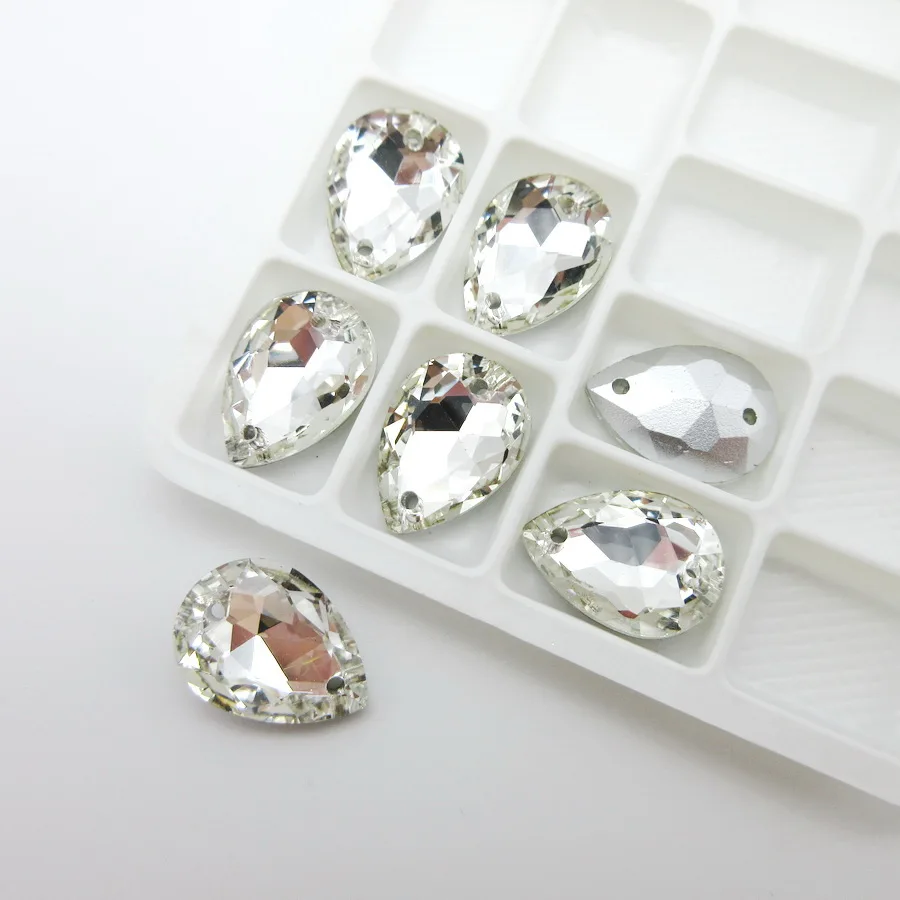Shinning clear Glass Crystal strass Pointback with two holes DR teardrop shape rhinestones sew on wedding dress accessories diy | Дом и сад