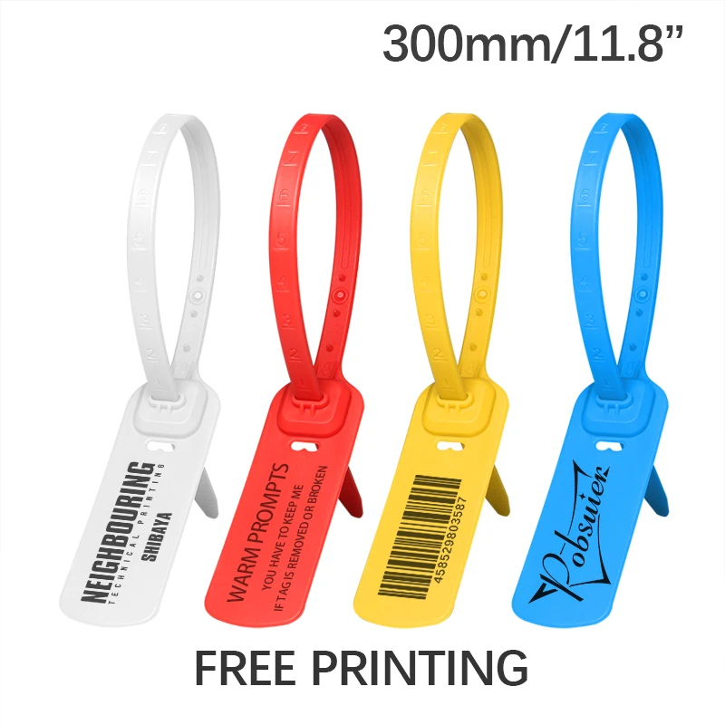 

100 Custom Garment Security Tags Seals Plastic Off Shoe Clothes Bag Brand Logo Printed White Hang Label Tag Zip Ties 300mm/11.8"