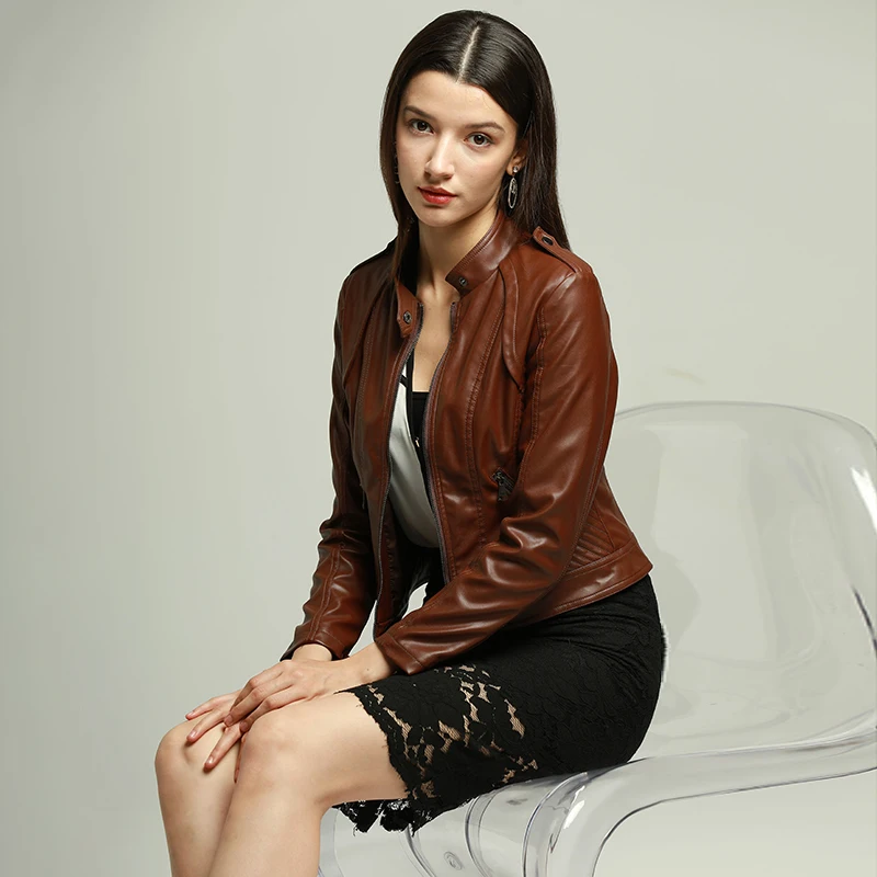 PU leather Women jacket Tops Ladies Coat cropped length Outdoor Long Sleeve Motorcycle Stylish biker club casual clothes female