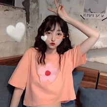 Summer Casual Style Short Loose Fit T shirt Tops Yellow Cotton Half sleeve Shirt O Neck Free Shipping 2020 Korean Clothes