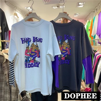 

New 2020 Bump Color Striped Sleeve Splice Cartoon T-shirts Fake Two-piece Students Casual Tee Shirt Feminine Loose Pullover Tops