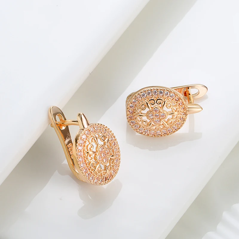 Kinel Luxury Wedding Zircon Stud Earrings Hollow Flowers Oval Earrings Beautiful For Women 585 Rose Gold Engagement Jewelry