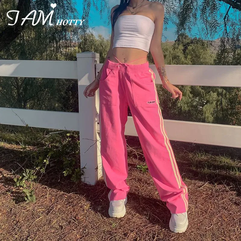 

IAMHOTTY Pink Letter Print Straight Sweatpants Pants Women High Waist Trousers Wide Leg Joggers Streetwear Gym Outfits Clothes