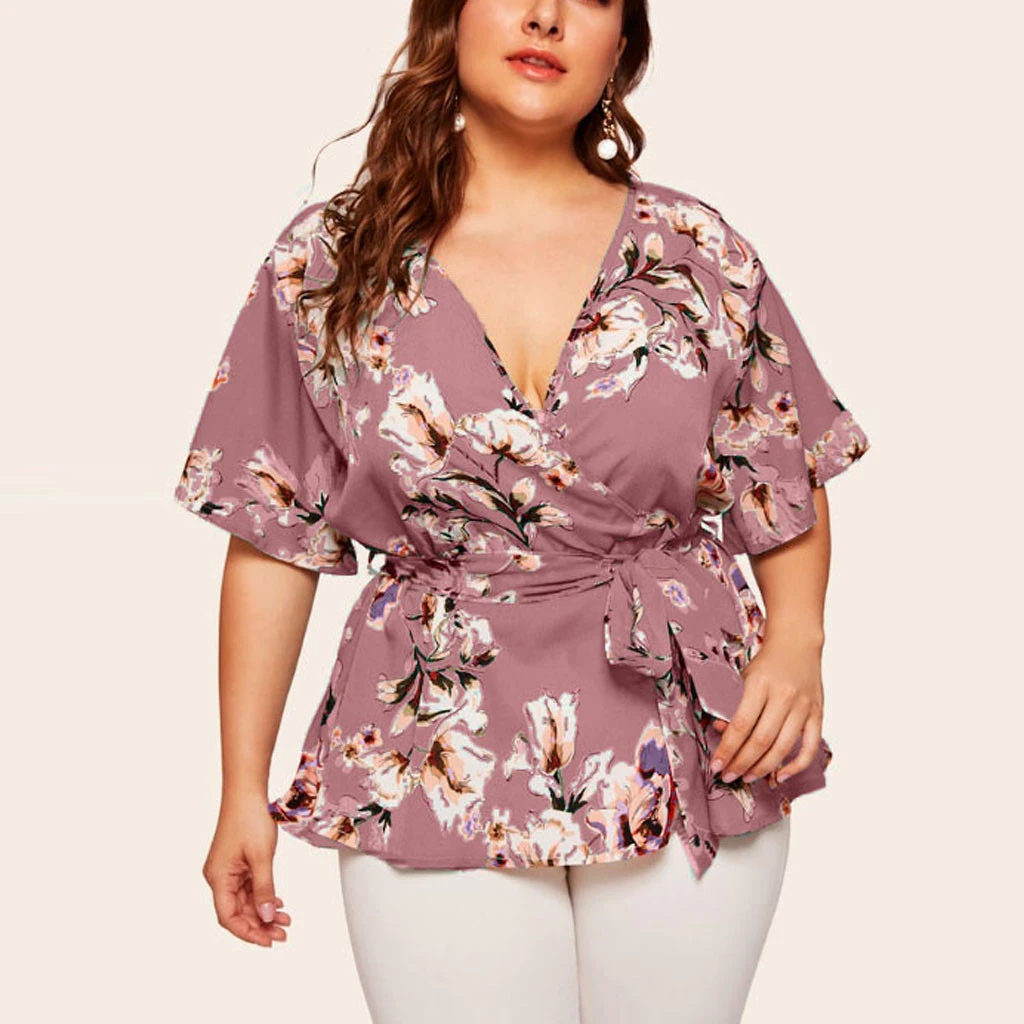 5xl Plus Size Floral V-neck Shirt Women's Casual Short Sleeve Tunic Printing Waist Belt Blouses Tops Women Clothing Blusas Mujer shirts & tops