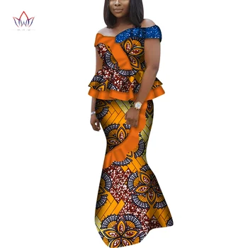 

African Short Sleeves Print Tops and Skirt Sets for Women Bazin Riche African Clothing 2 Pieces Skirt Set Off Shoulder WY6802