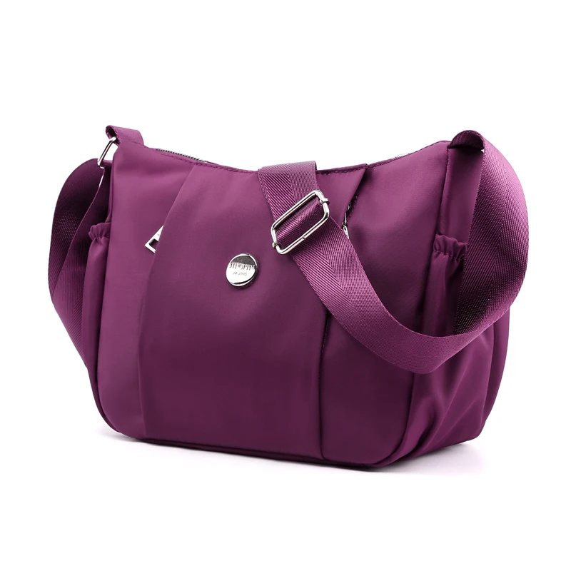 

Nylon Waterproof Women Shoulder Bag Solid Color Zipper Closed Messager Crossbody Bags Lady Relax Hobos Purple Handbags